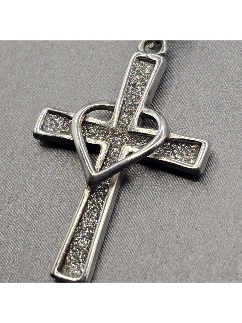 HAN Sterling Silver Crystal Encrusted Cross Pendant Necklace 18" Open Heart 925 - Picture 3 of 11